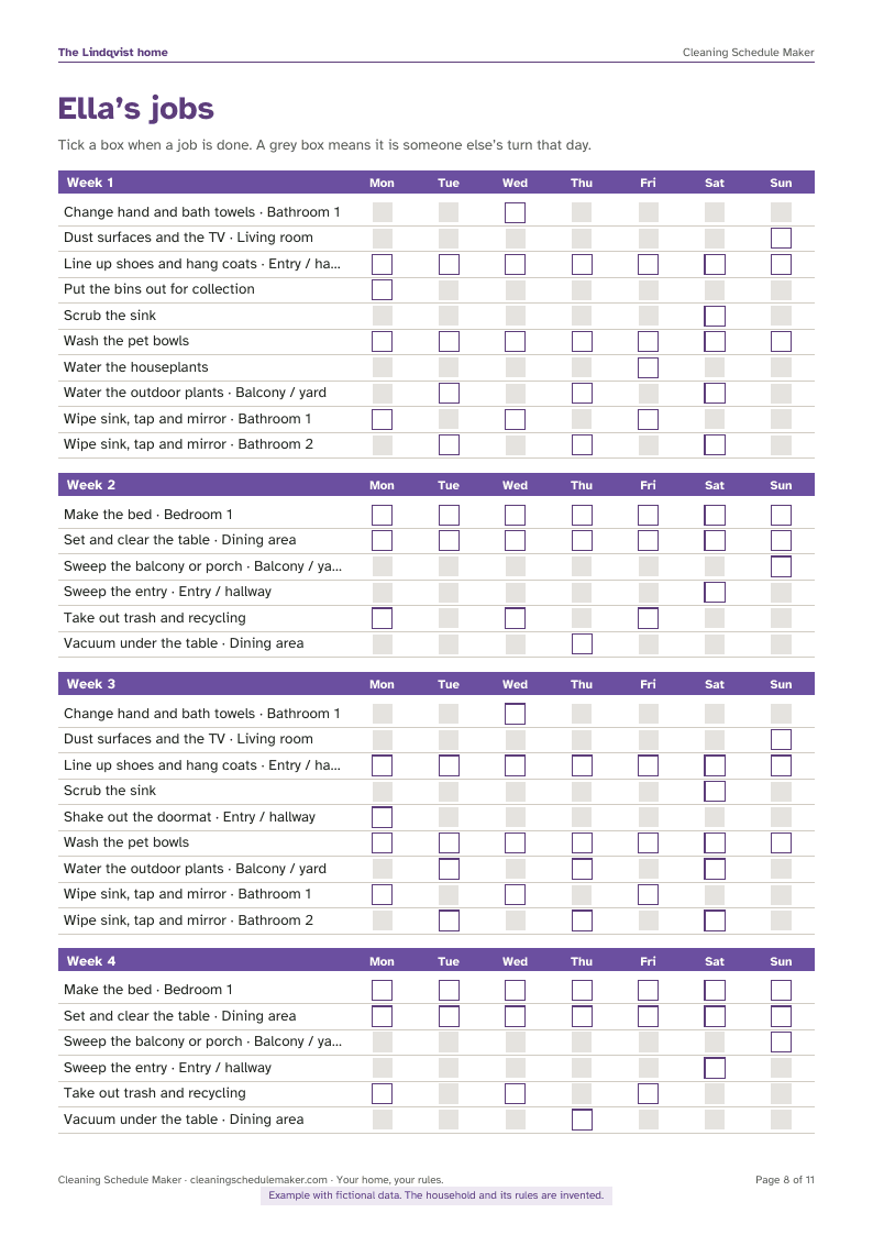 Example schedule page: A child’s chart