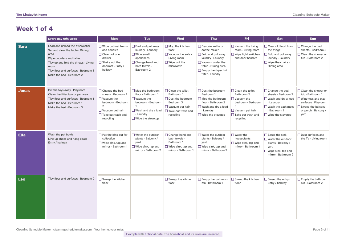 Example schedule page: Week 1 of 4
